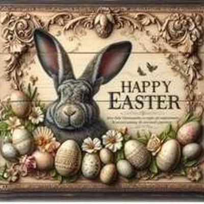 Quadro decorativo de Páscoa com coelho, ovos e texto Happy Easter