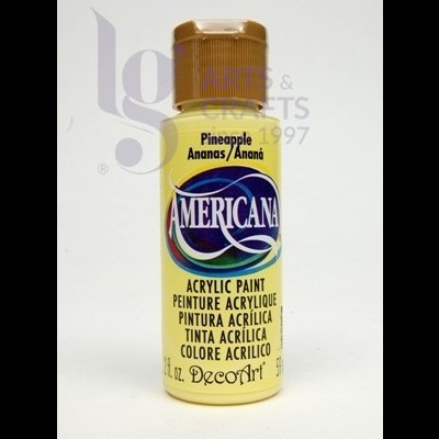 Frasco amarelo de tinta acrílica Americana, tampa castanha, texto multilingue