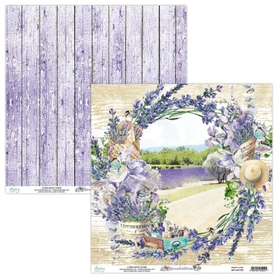 Papel decorativo com padrão de madeira lilás e moldura floral com paisagem de lavanda