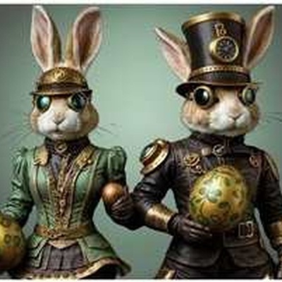 Figuras decorativas de coelhos em estilo steampunk com esferas douradas