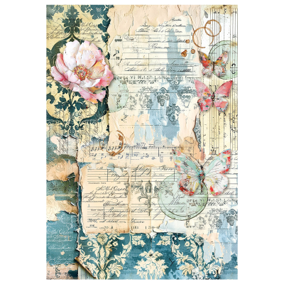 Arte em papel com padrões florais, texto manuscrito, borboletas e flor