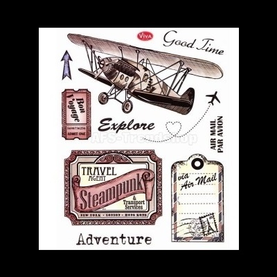 Desenho vintage de avião biplano e etiquetas de viagem steampunk