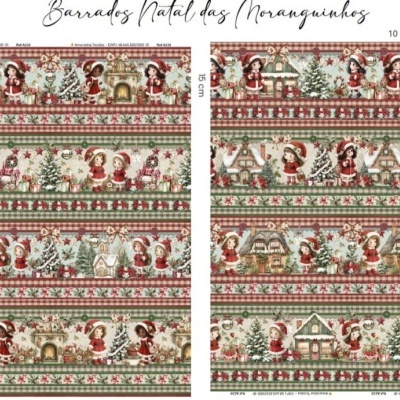 Tecido estampado Natal com faixas de 15 cm com meninas, casas, árvores, cores vermelha, verde, bege.