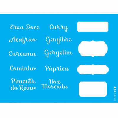 Fundo azul com texto branco listando nomes de especiarias em português