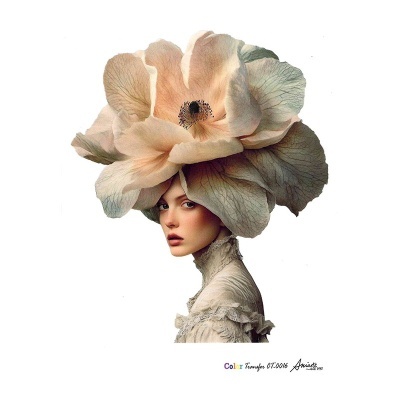 Mulher com chapéu de flor grande em fundo branco