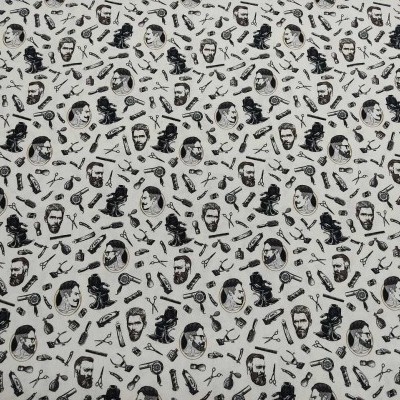 Tecido branco com padrão preto de barbeiros e acessórios