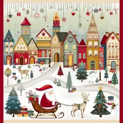 Ilustração colorida de vila de Natal com Papai Noel, casas, árvores, bonecos de neve e decoração natalícia