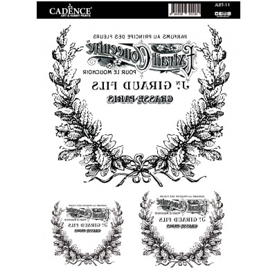 Estampas em preto com raminhos e texto em francês em fundo branco