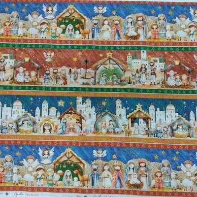 Tecido natalício com cenas da natividade em faixas horizontais coloridas
