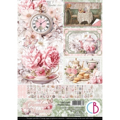 Papel decorativo para scrapbooking com flores, chávenas e bules em tons rosa e branco
