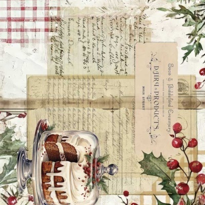 Ilustração de bolo de chocolate com cobertura branca e bagas, decoração verde e vermelha, fundo com texto manuscrito e padrão xadrez