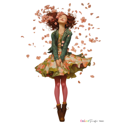 Jovem com vestido floral e casaco verde-azulado rodeada por pétalas de flores cor de rosa