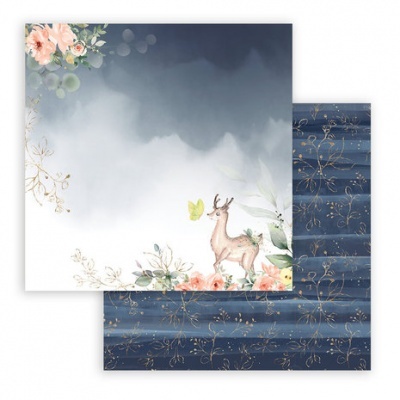 Papel decorativo com veado e padrão azul escuro com detalhes dourados.