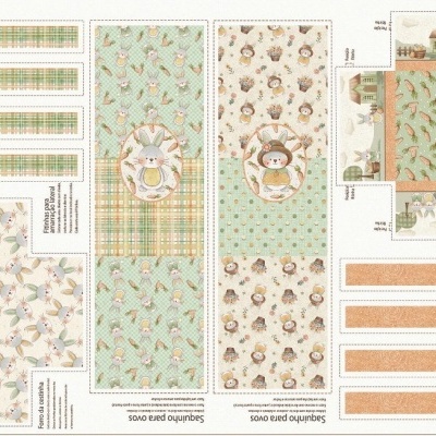 Papel para recortar com padrões de coelhos, flores e folhas em várias cores