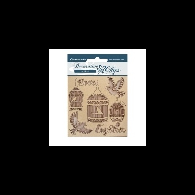 Decoração em chipboard de madeira clara com pássaros, gaiolas e texto Love e Together