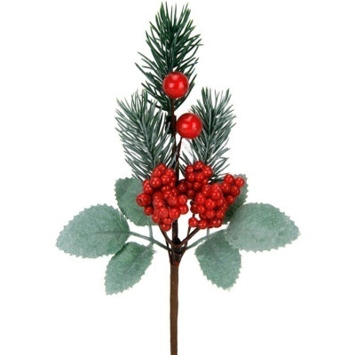 Ramo decorativo com bagas vermelhas e folhas verdes