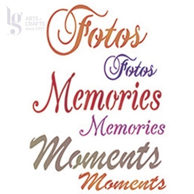 Palavras estilizadas 'Fotos', 'Memories', 'Moments' em várias cores e fontes