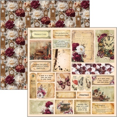 Papel decorativo com flores, relógios antigos e citações sobre livros em estilo vintage