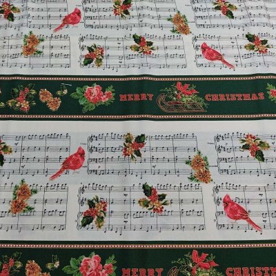 Tecido decorativo com padrão musical, flores, pássaros e texto Merry Christmas