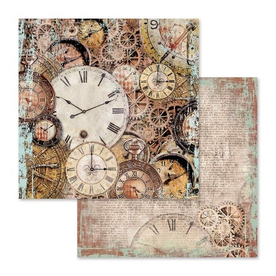 Papel decorativo com padrão de relógios antigos e engrenagens em tons envelhecidos