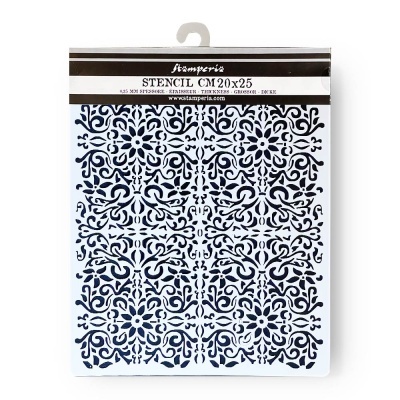 Stencil branco com padrão azul ornamental floral em embalagem branca com topo castanho