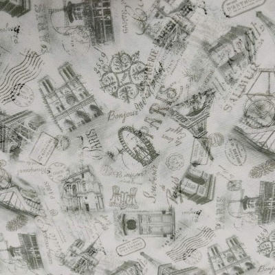 tecido estampado cinza e branco com monumentos e textos Paris