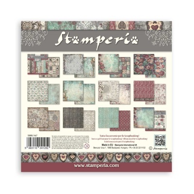 Embalagem de papel decorativo para scrapbooking Stamperia com padrões vintage coloridos.
