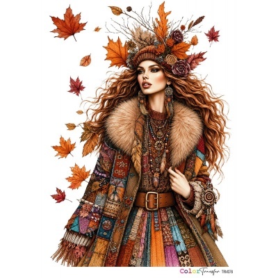 Mulher com casaco patchwork colorido, acessórios e folhas outonais