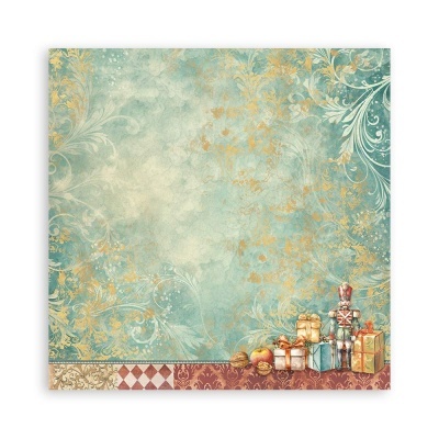 Papel decorativo com padrão floral e presentes coloridos na parte inferior direita