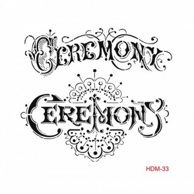 Palavra CEREMONY decorativa em preto com motifs florais e texto HDM-33 em vermelho
