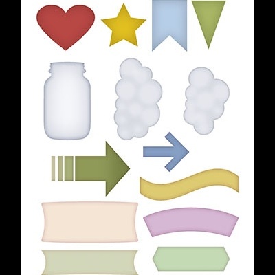 Elementos gráficos coloridos variados, incluindo coração, estrela, setas, nuvens, fitas e etiquetas.