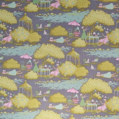 Tecido com padrão ilustrativo de pessoas e natureza em cores suaves