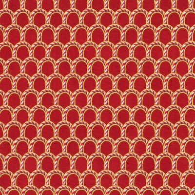 Tecido vermelho com padrão de arcos trançados em amarelo e branco