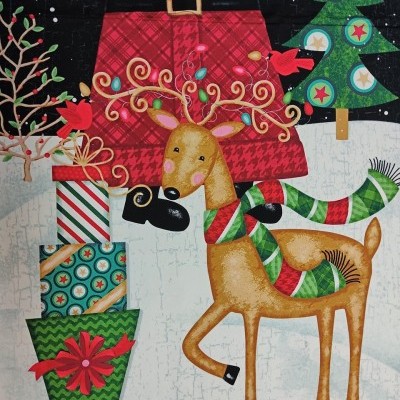 Ilustração natalícia com rena, presentes e árvore de Natal