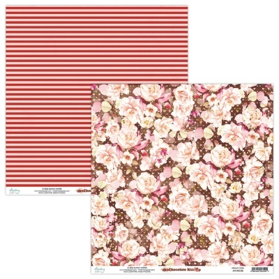 Folhas de papel decorativo dupla face com riscas vermelhas e padrão floral rosa e marrom