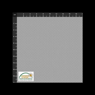 Tecido cinza com pequenos pontos brancos, régua de escala e etiqueta OEKO-TEX®
