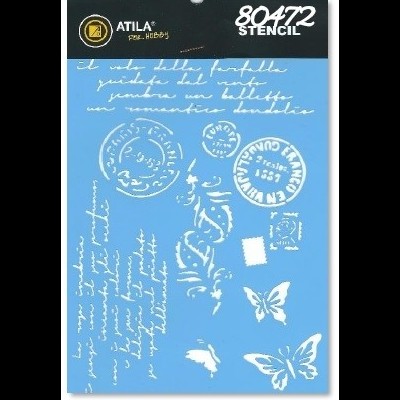 Stencil azul com desenhos e texto branco, borboletas e carimbos postais