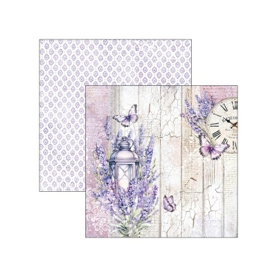 Papel decorativo floral com lavandas, mariposas, candeeiro e relógio