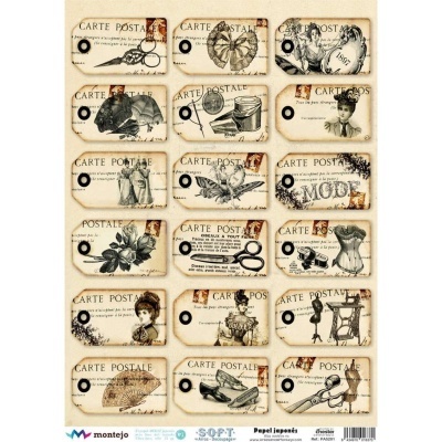 Etiquetas de papel japonesas com ilustrações vintage e texto 'CARTE POSTALE' em português