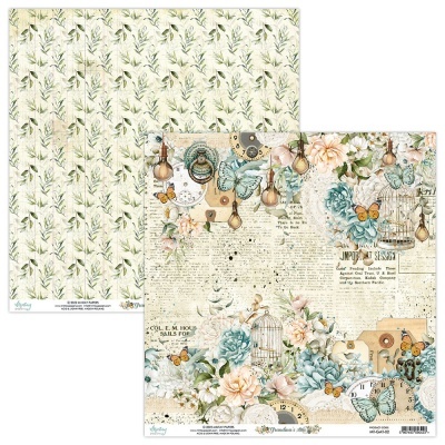 Papel decorativo para scrapbook com padrão de folhas verdes e ilustrações vintage de flores e borboletas