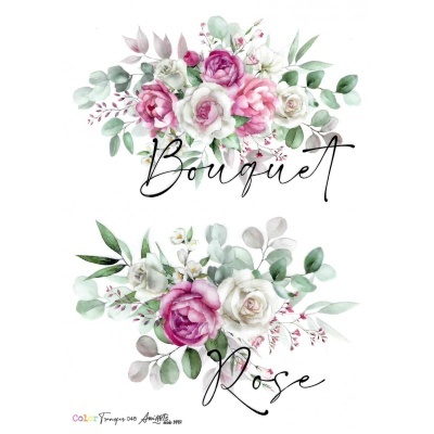 Dois arranjos florais em tons rosa, branco e verde com texto caligráfico