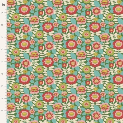 Tecido floral colorido com régua para medida