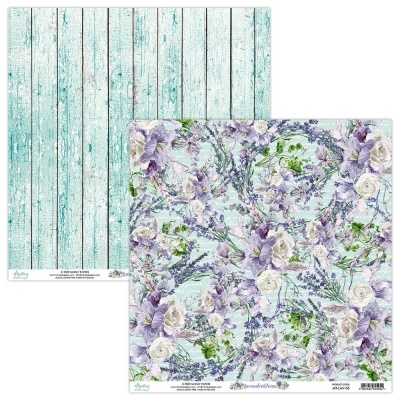 Papel decorativo com padrão floral lilás e padrão madeira pintada turquesa