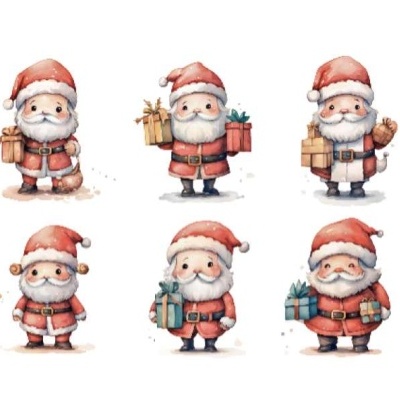 Seis ilustrações de Papai Noel segurando presentes