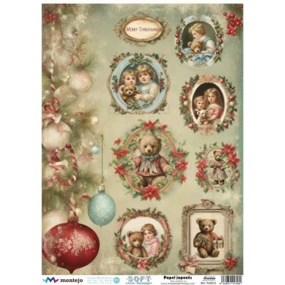 Papel japonês decorativo com imagens vintage natalícias de ursinhos e crianças em molduras festivas.