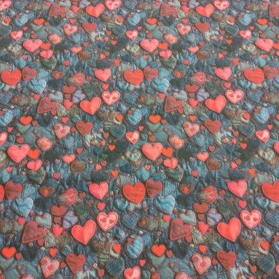 Tecido cinza escuro com padrão de corações vermelhos e azuis