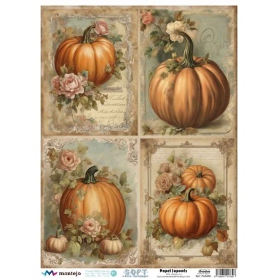 Ilustrações vintage de abóboras e flores em papel japonês dividido em quatro partes