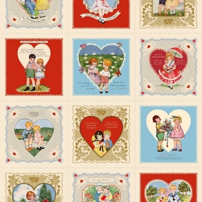 Doze cartões vintage com ilustrações de crianças em cores pastel e vermelho