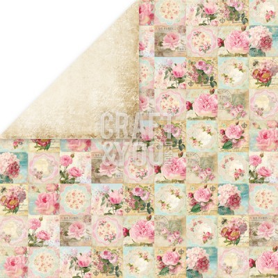 Papel decorativo floral vintage com padrão de rosas em quadrados e verso bege texturizado