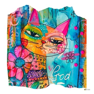 Colete colorido com estampa de gato estilizado e flor com padrões variados